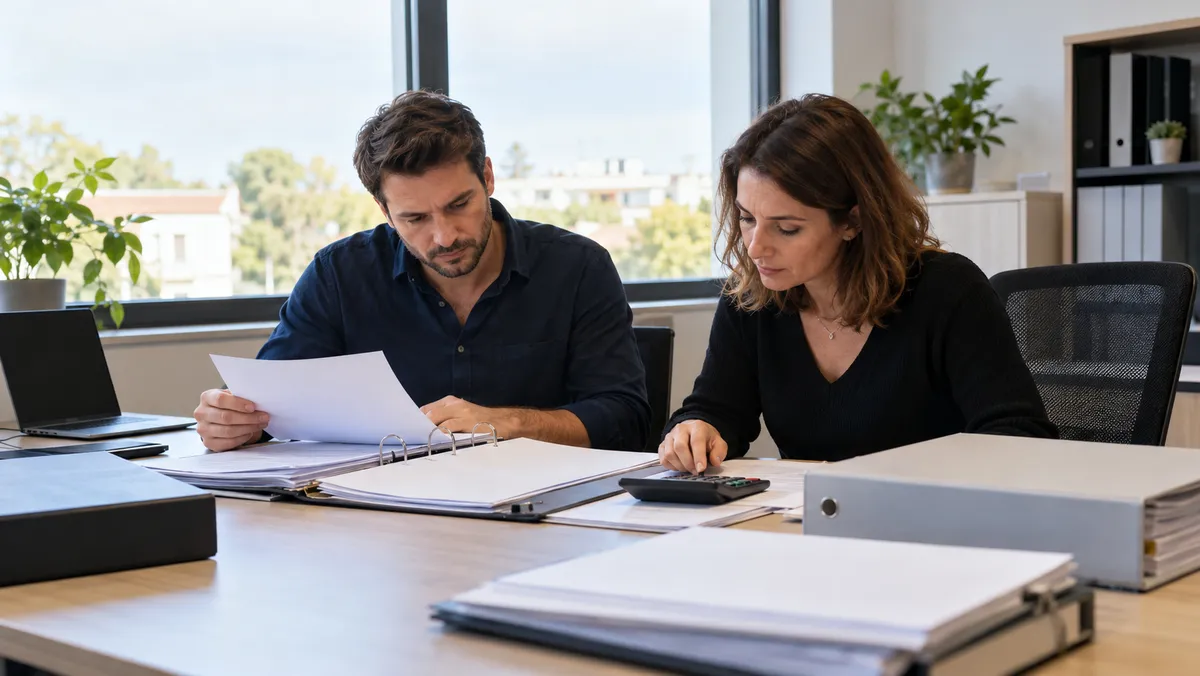Un dirigeant de PME et sa comptable examinent des classeurs et une calculatrice à une grande table de bureau moderne, visages concentrés, grande fenêtre lumineuse, aucun 