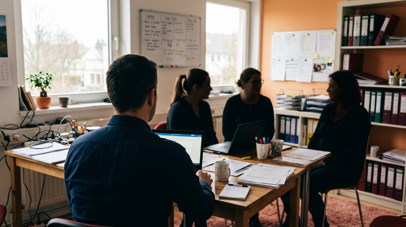 Réunion d'équipe en petit bureau, vue depuis derrière le manager assis avec collaborateurs