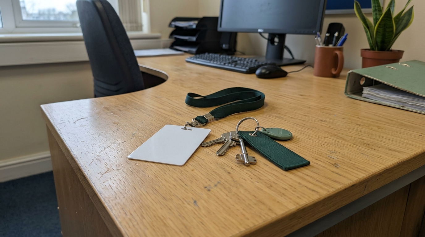 Badge d'accès vierge et trousseau sur un bureau en bois clair