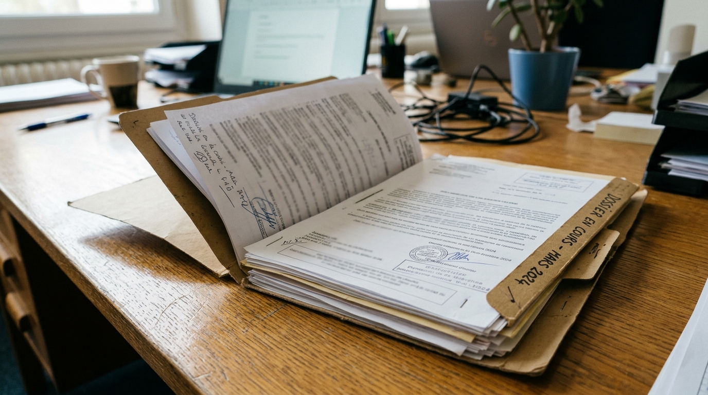 Dossier ouvert contenant des papiers administratifs floutés sur un bureau