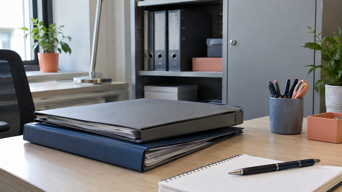 Poste de travail administratif avec dossiers fermés et classeur métallique gris.