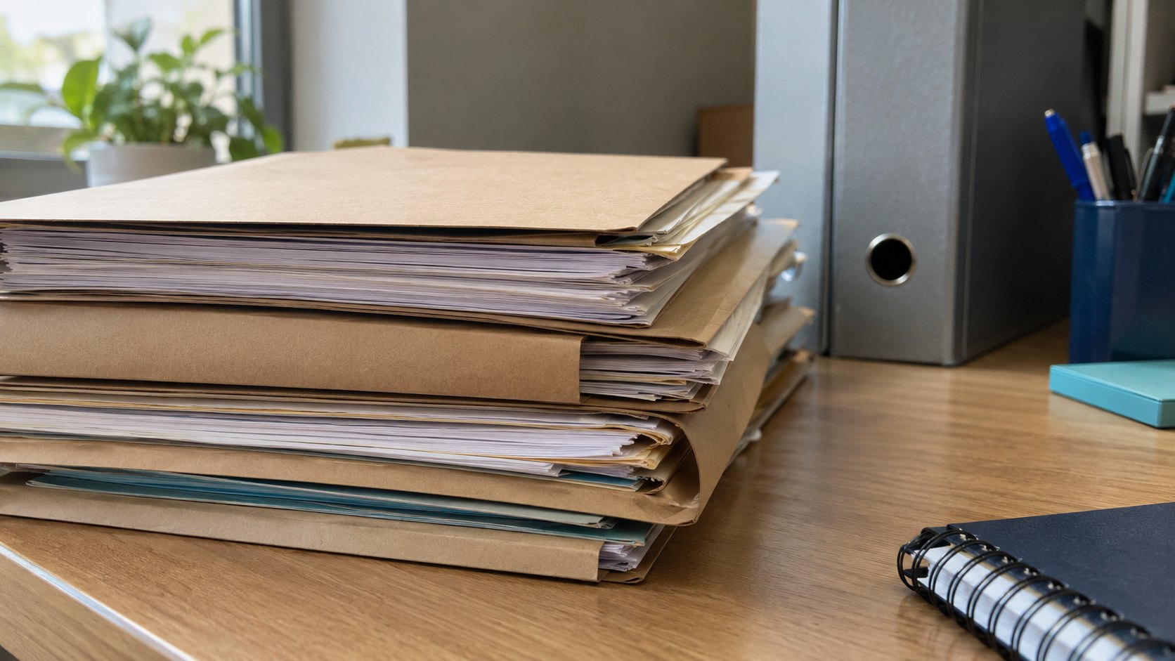 Dossiers administratifs empilés sur un bureau en bois avec classeur métallique.