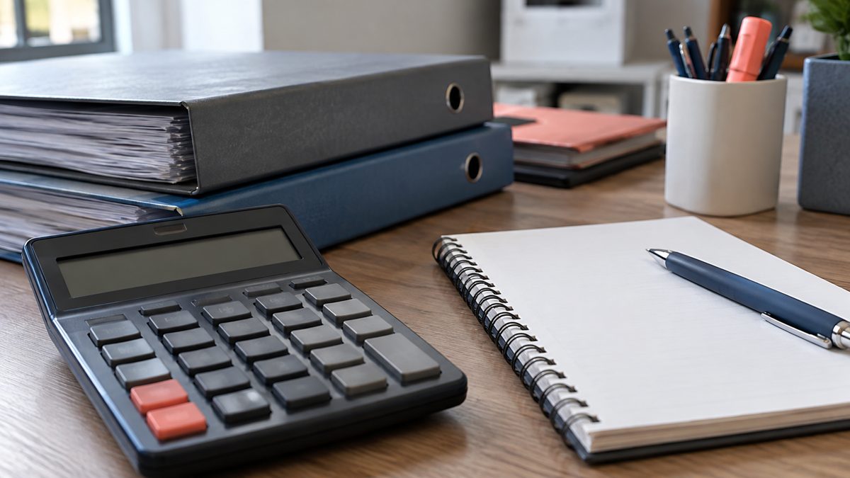 Calculatrice et dossiers fermés alignés sur table avec stylo et bloc-notes vierge.