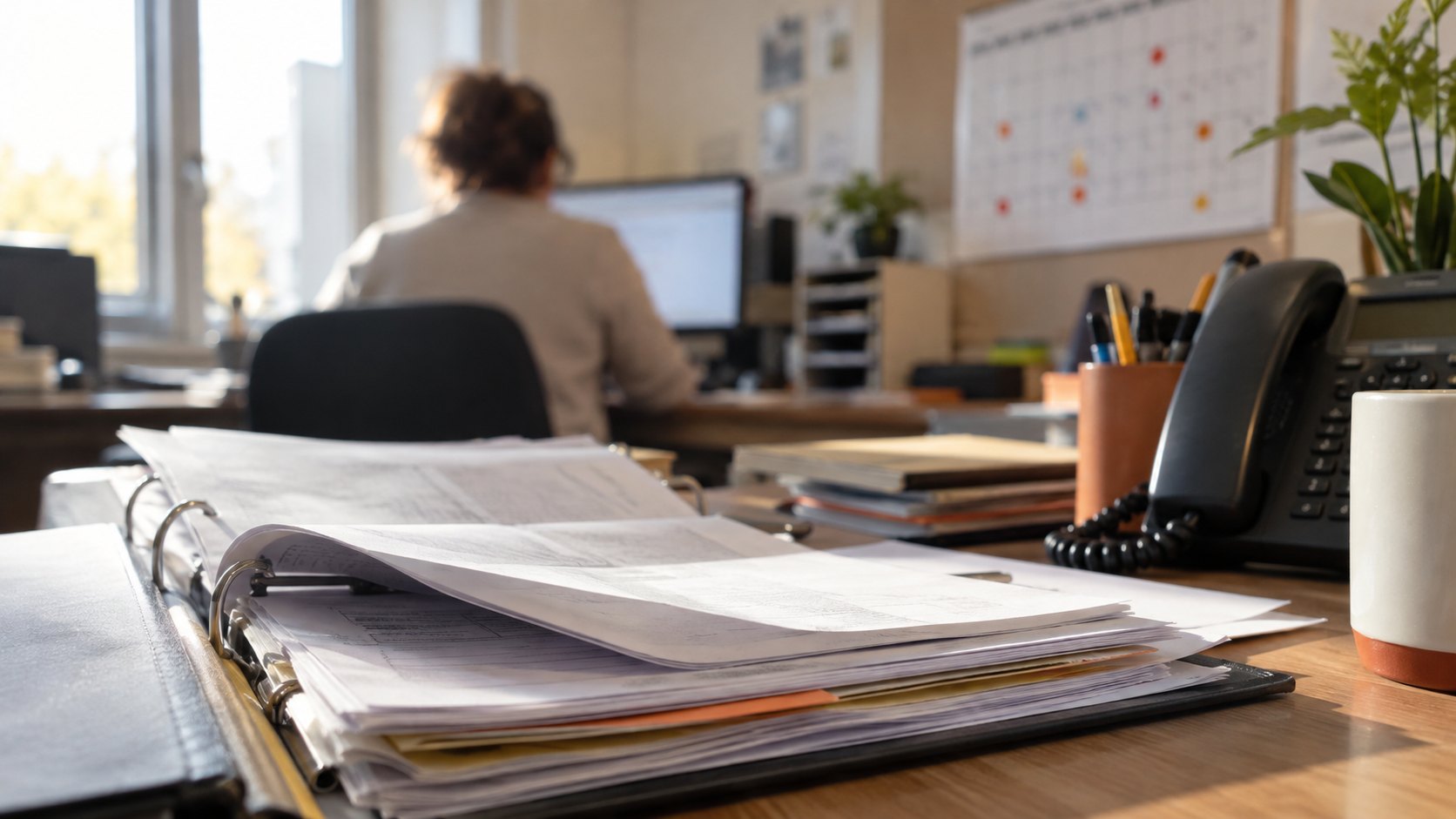 Dossier administratif ouvert avec feuilles, calendrier mural et téléphone sur un bureau