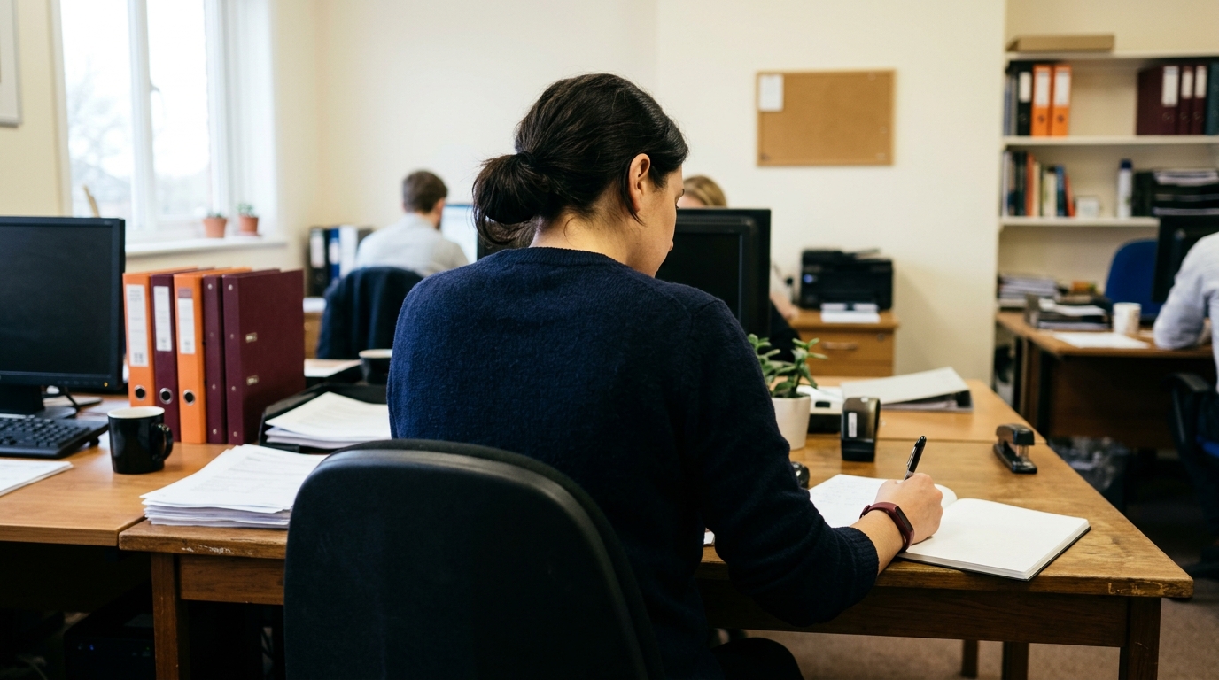 Personne de dos assise à son bureau, concentrée sur ses notes dans un carnet blanc.