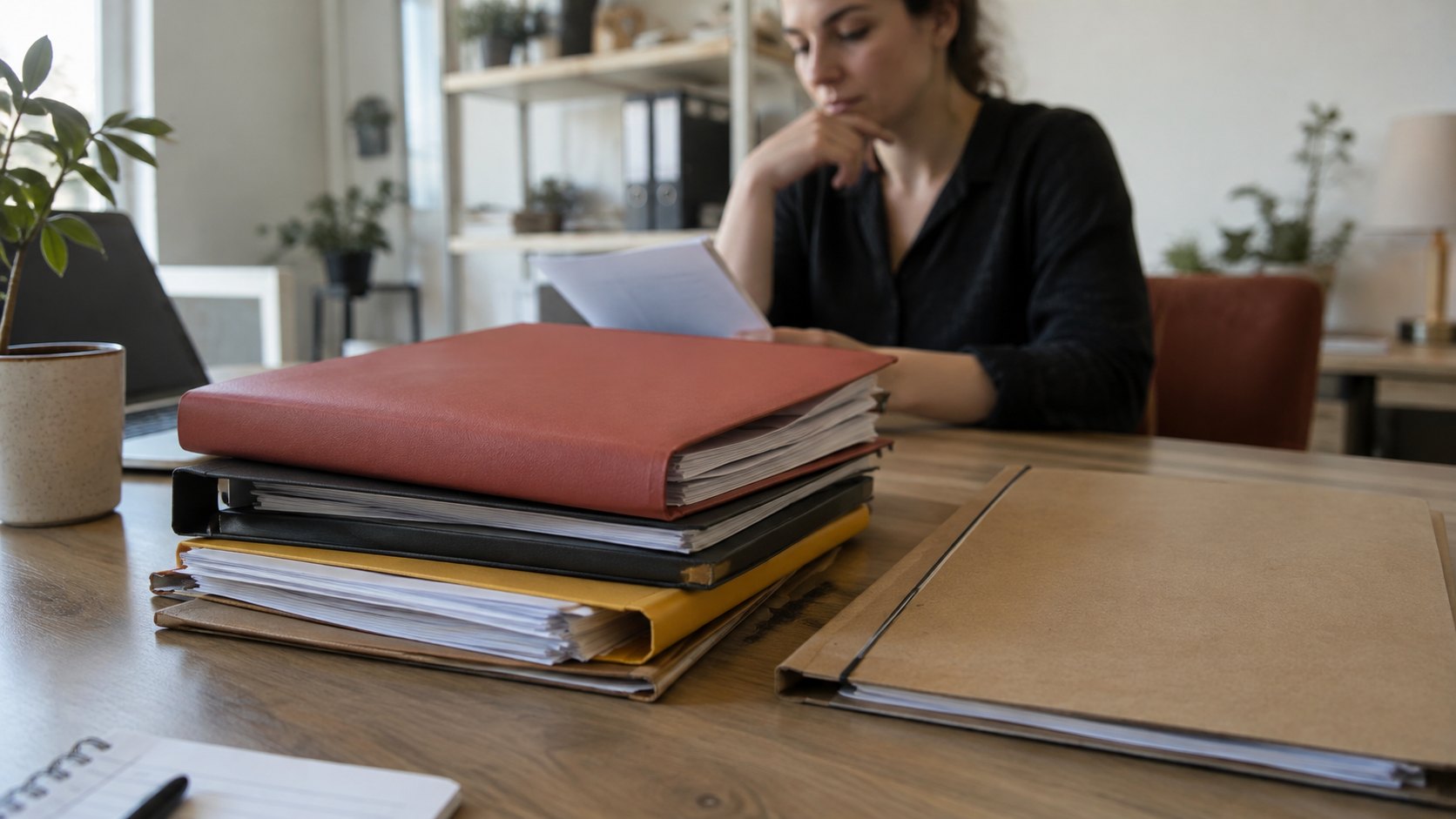 Pile de dossiers fermés et chemise d'études sur table, personne les examinant en arrière-plan.