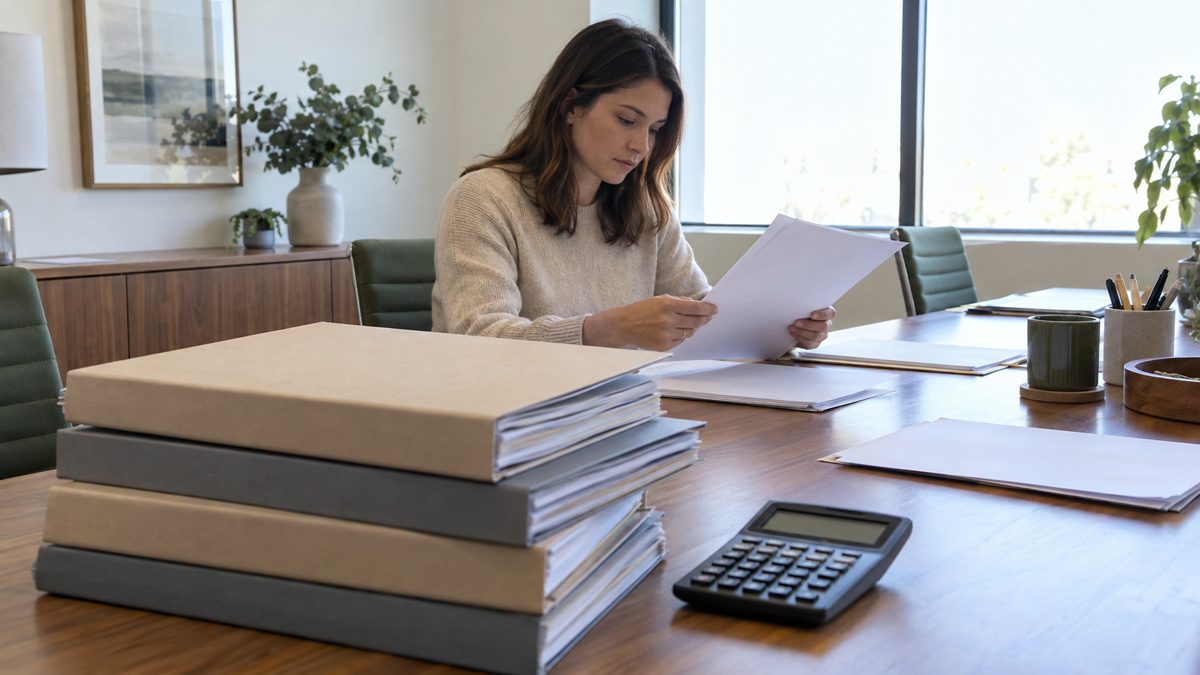 Salle de réunion avec dossiers empilés, calculatrice et professionnel travaillant