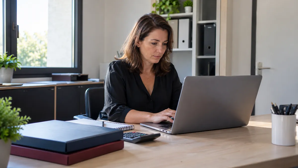 Une gérante de commerce travaille à son ordinateur portable dans l'arrière-bureau moderne de sa PME, calculatrice et dossiers fermés sur la table, expression concentrée,