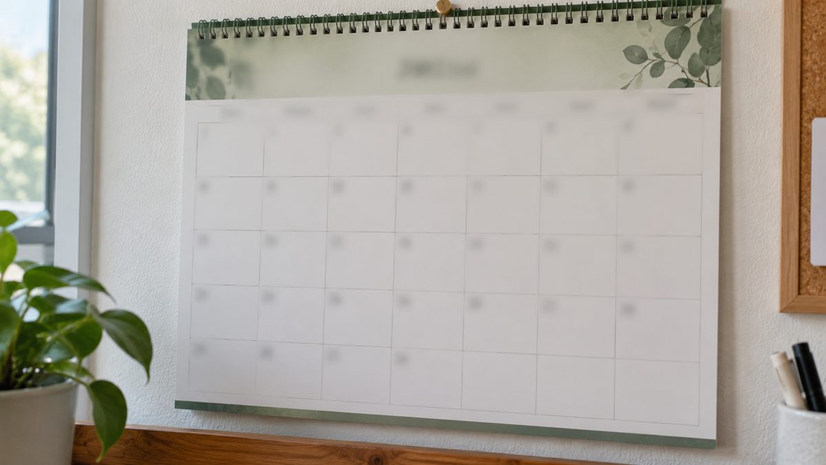 Gros plan sur un calendrier papier mensuel affiché au mur blanc