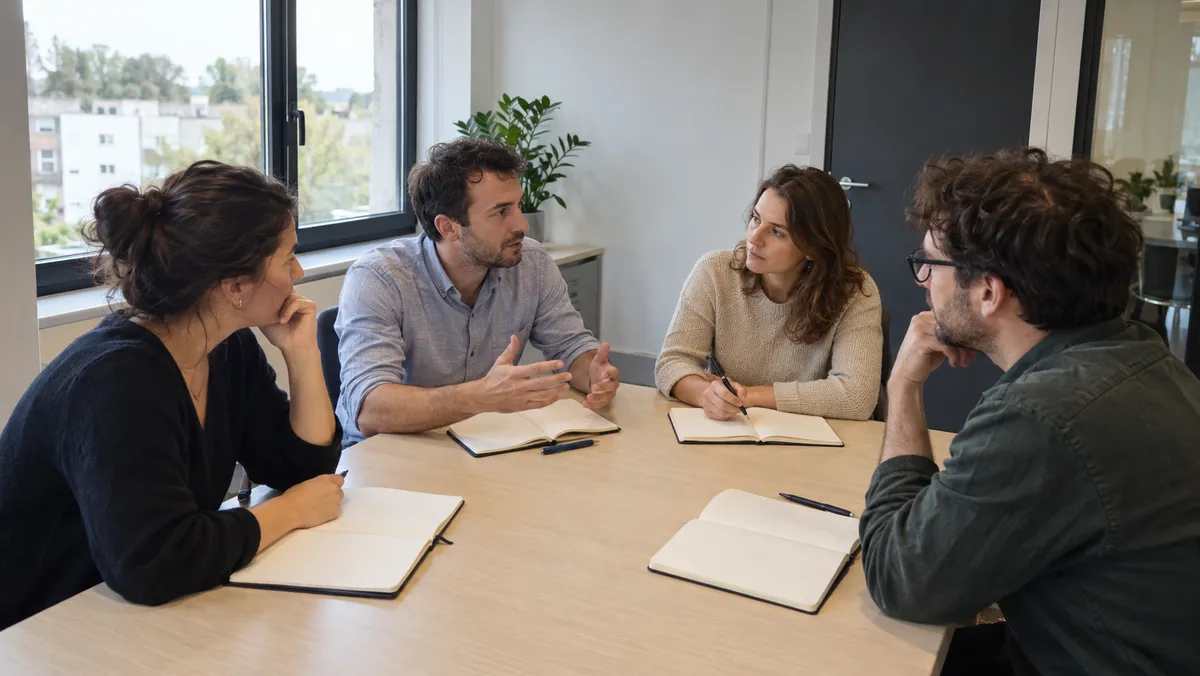 Séance de travail d équipe en salle de réunion moderne : quatre collègues autour d'une table claire échangent avec des carnets vierges, visages naturels et attentifs, lum