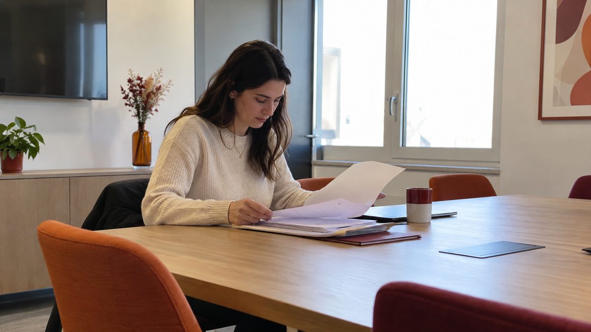 Personne seule assise lisant des documents dans une salle de réunion claire
