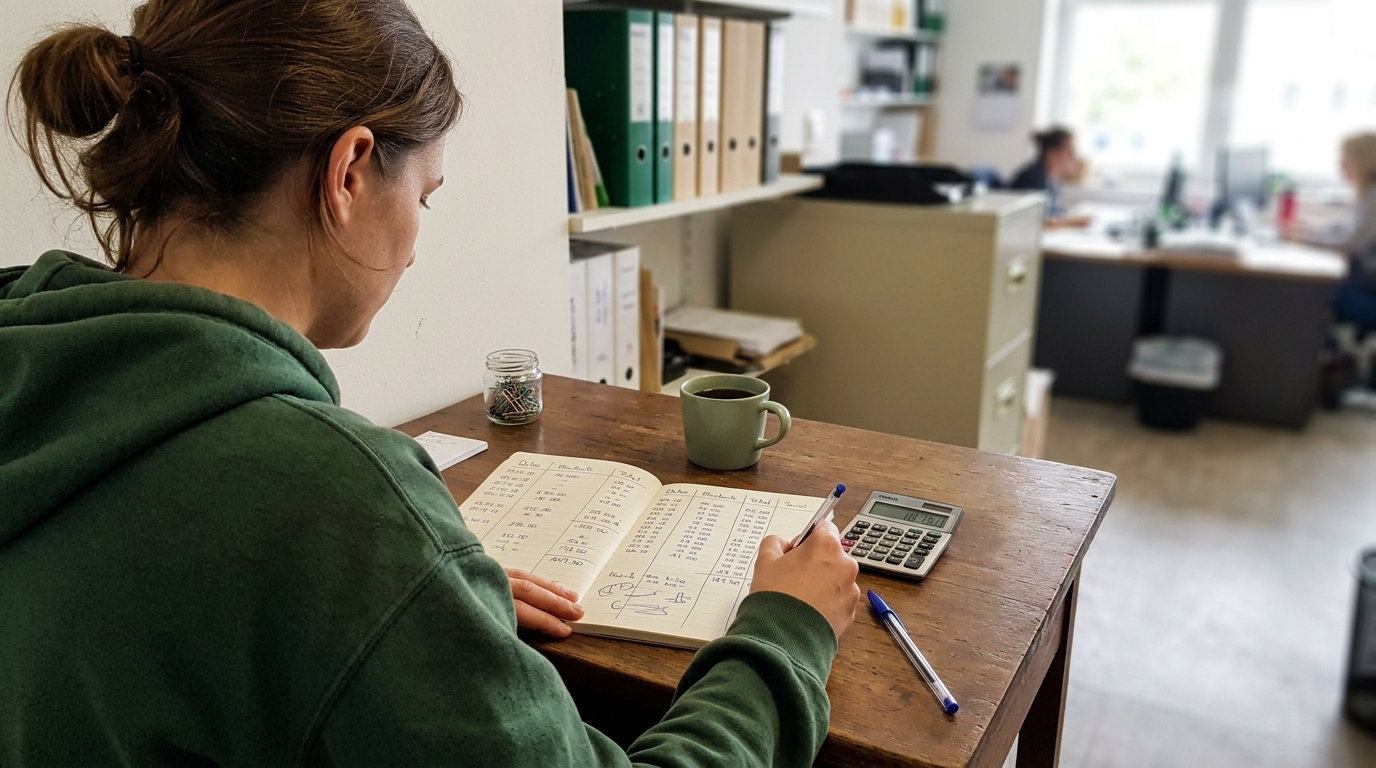 Carnet ouvert avec colonnes de calculs manuscrits, stylo et calculatrice