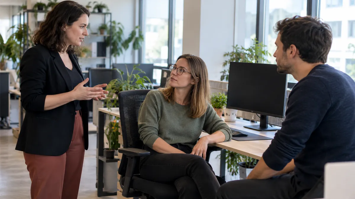 Échange sur la qualité de vie et des conditions de travail dans un open space moderne : une responsable RH et deux salariés discutent autour d'un poste de travail ergonom
