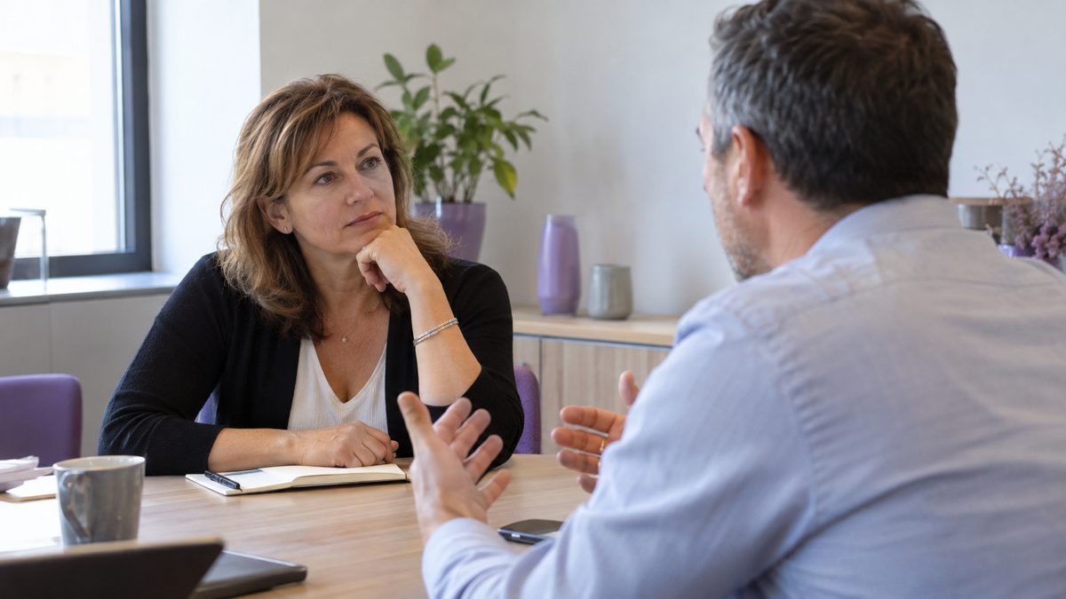 Femme d'âge moyen écoutant attentivement son interlocuteur dans salle de réunion simple.