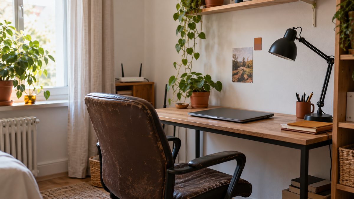 Bureau de télétravail minimaliste avec chaise patinée, lampe et ordinateur portable, éclairé par la fenêtre.