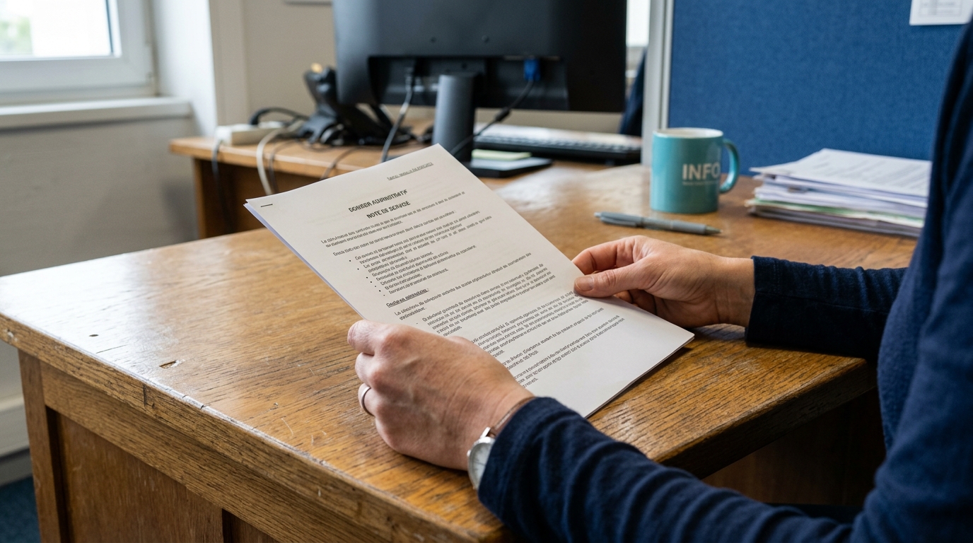 Gros plan des mains d'une personne examinant un document blanc sur un bureau en bois.