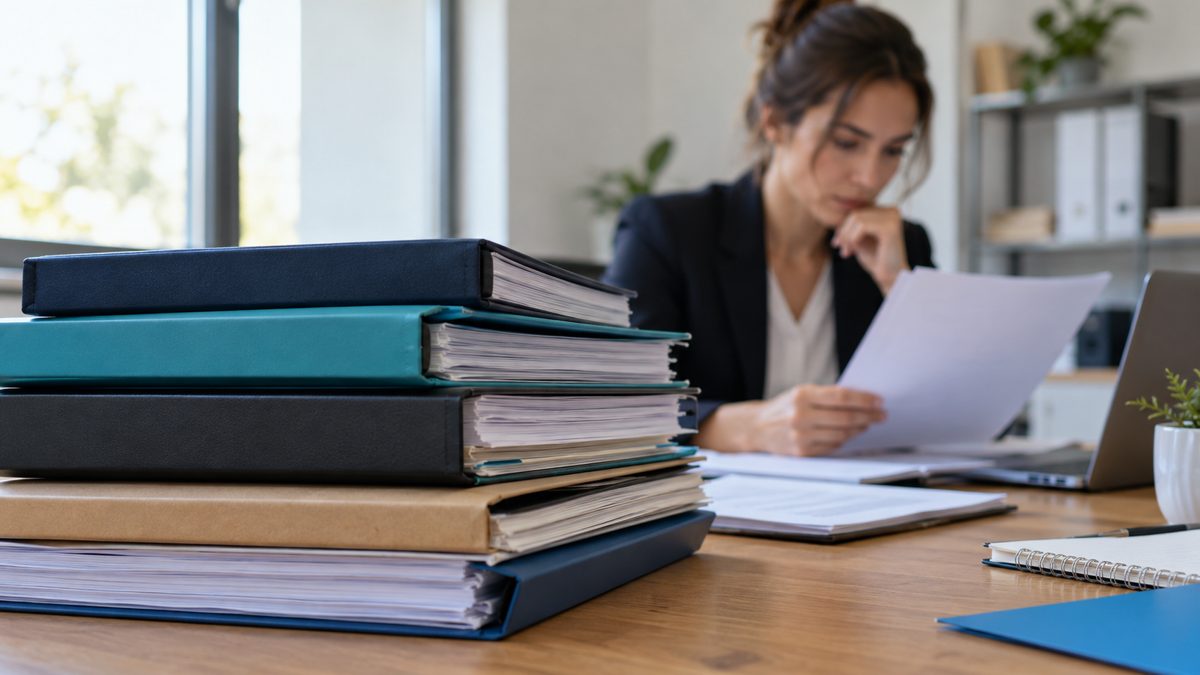 Pile de registres et dossiers sur un bureau, personne examinant les données en arrière-plan.