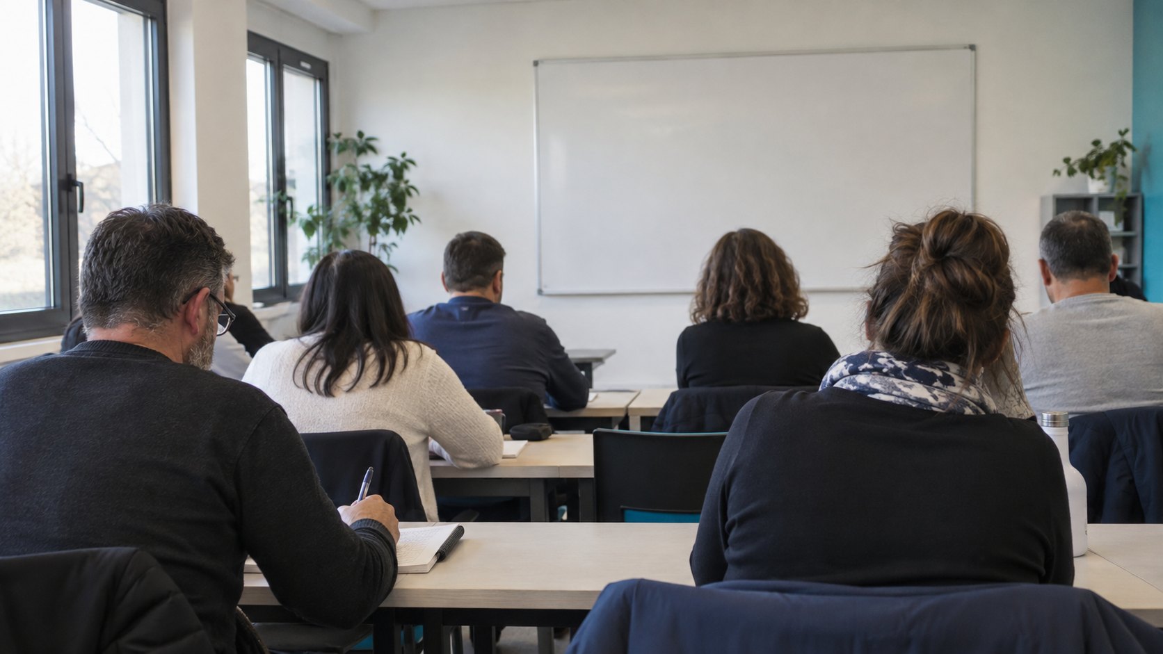 Stagiaires de dos lors d'une formation face à un tableau blanc vierge