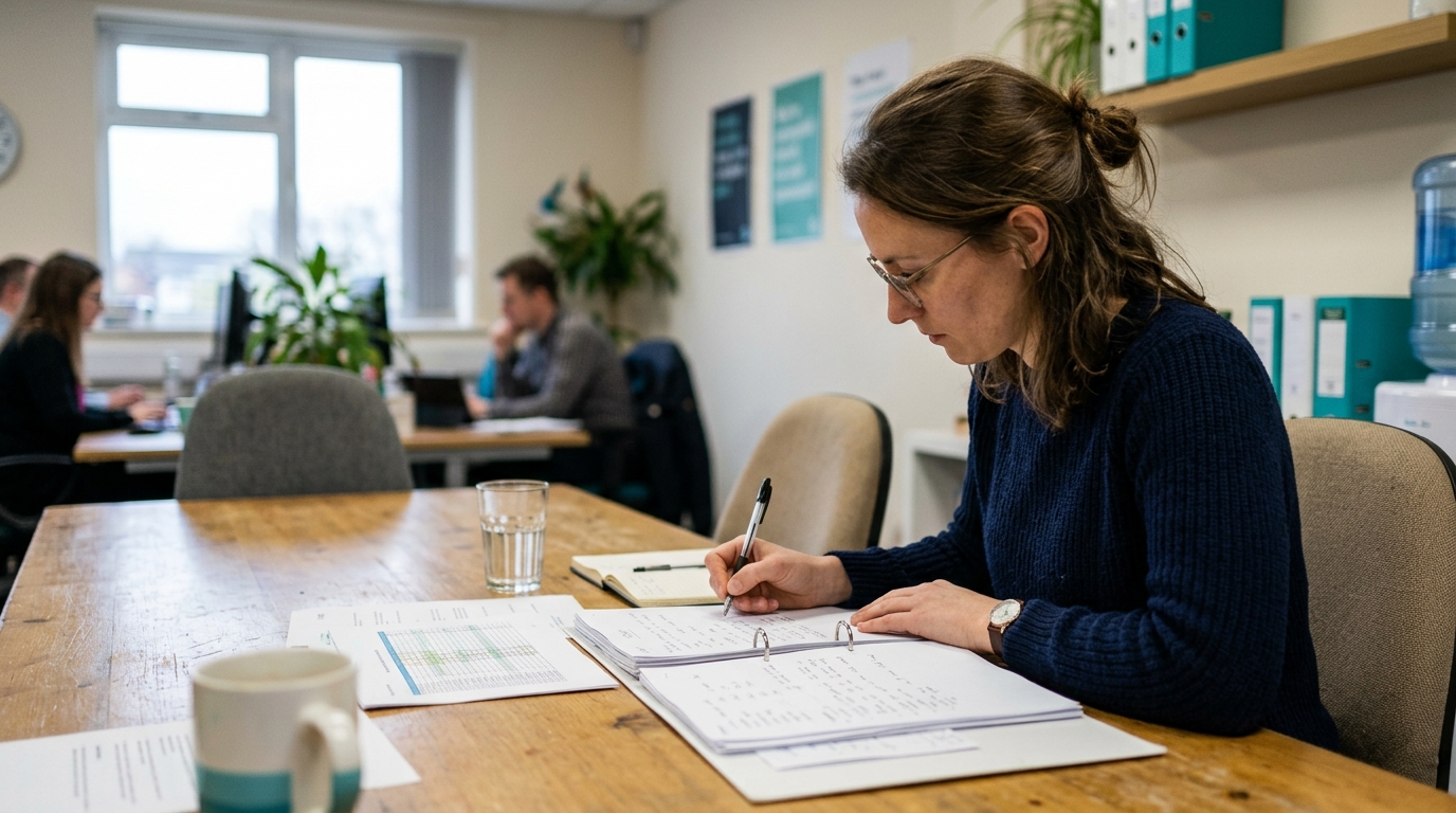 Personne de profil concentrée vérifiant des documents à une table de réunion, lumière naturelle.