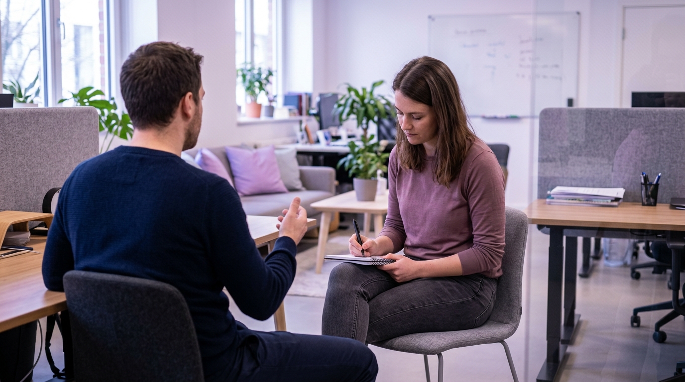 Deux collaborateurs en conversation, l'un exprimant un retour, l'autre écoutant avec un carnet.