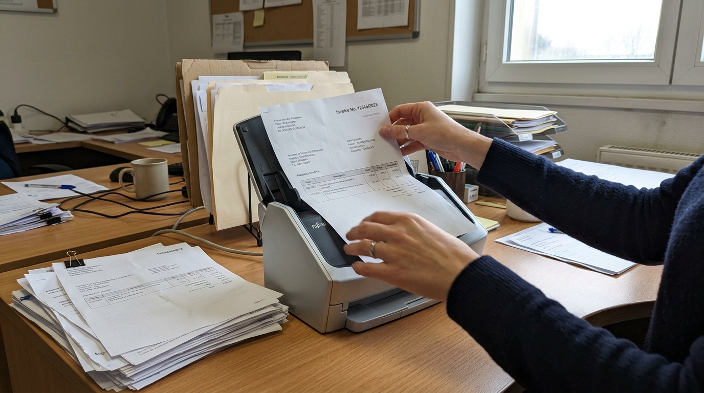 Mains insérant une facture papier dans un scanner, pile de factures en attente