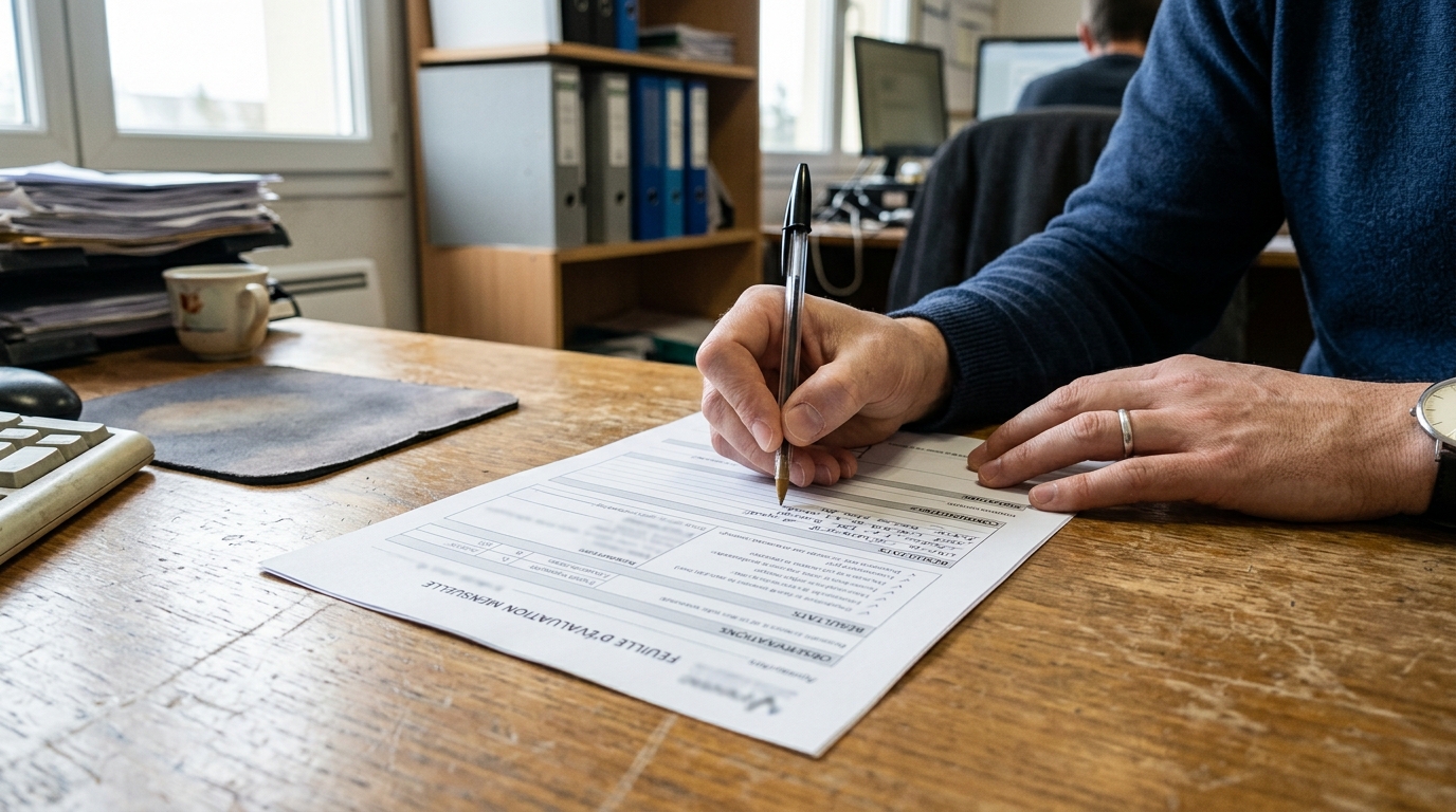 Main tenant un stylo, prenant des notes sur une feuille d'évaluation posée sur un bureau.