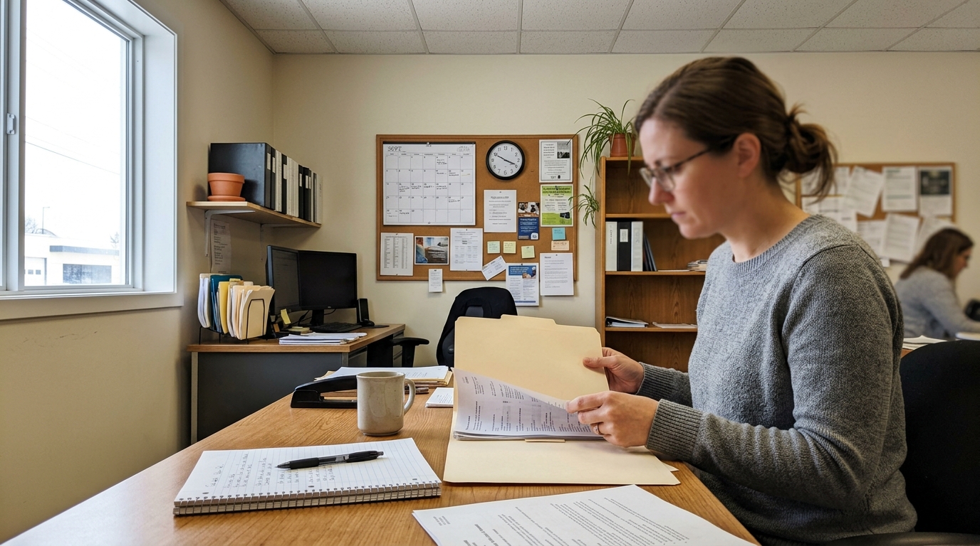 Personne de profil examinant un dossier à une table de travail avec bloc-notes et stylo.