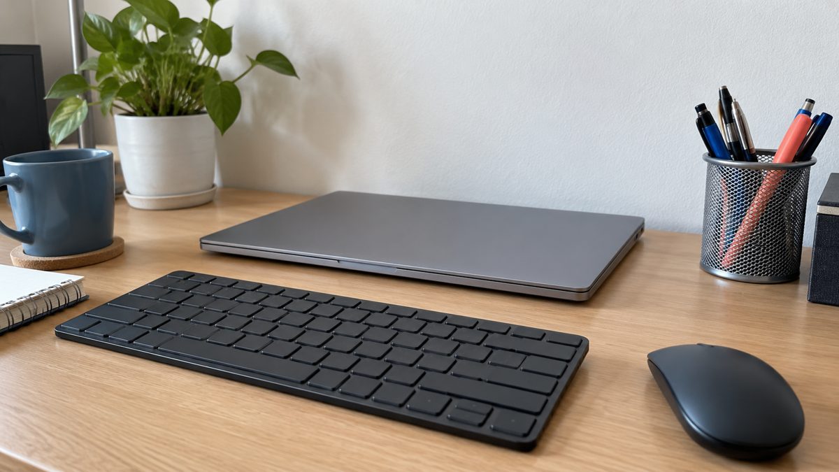 Bureau avec ordinateur portable fermé, clavier, souris sans fil et pot de stylos.