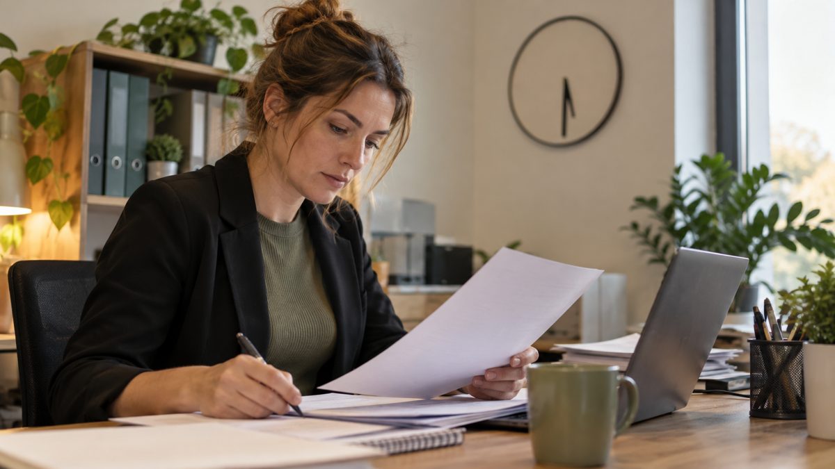 Personne assise au bureau, concentrée sur ses documents administratifs, horloge en arrière-plan.