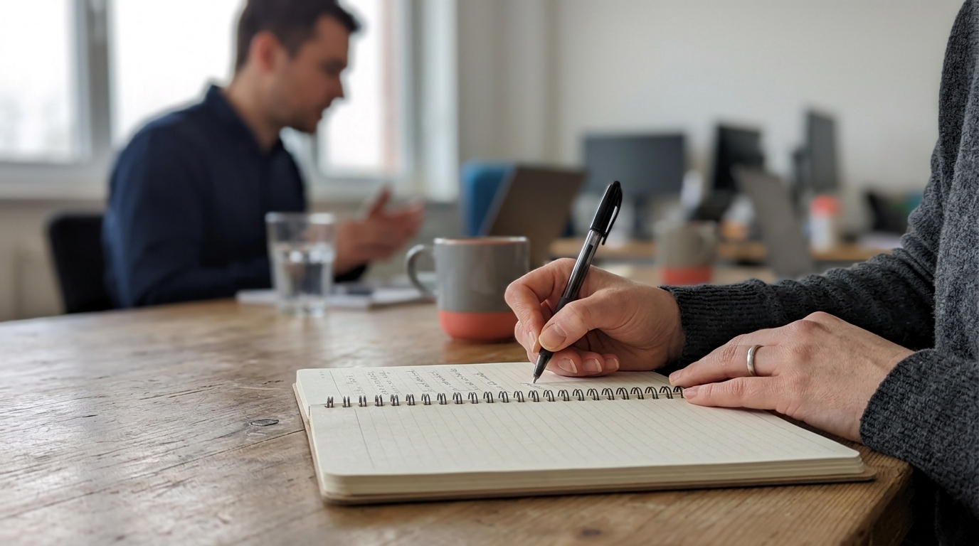 Mains écrivant au stylo dans un carnet lors d'un entretien professionnel