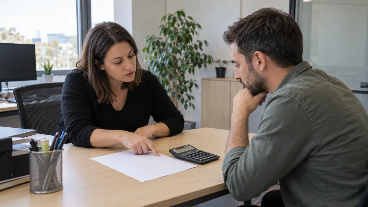 Une responsable paie explique à un salarié, dans un bureau moderne, un calcul d'indemnités sur une feuille retournée et une calculatrice, tous deux assis face à face, vis