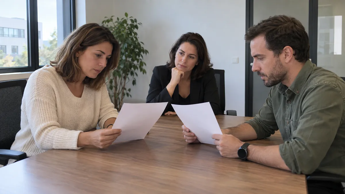 Deux collègues, une femme et un homme du même âge, comparent calmement deux feuilles de paie retournées face à face à une table de bureau moderne, un responsable RH les é