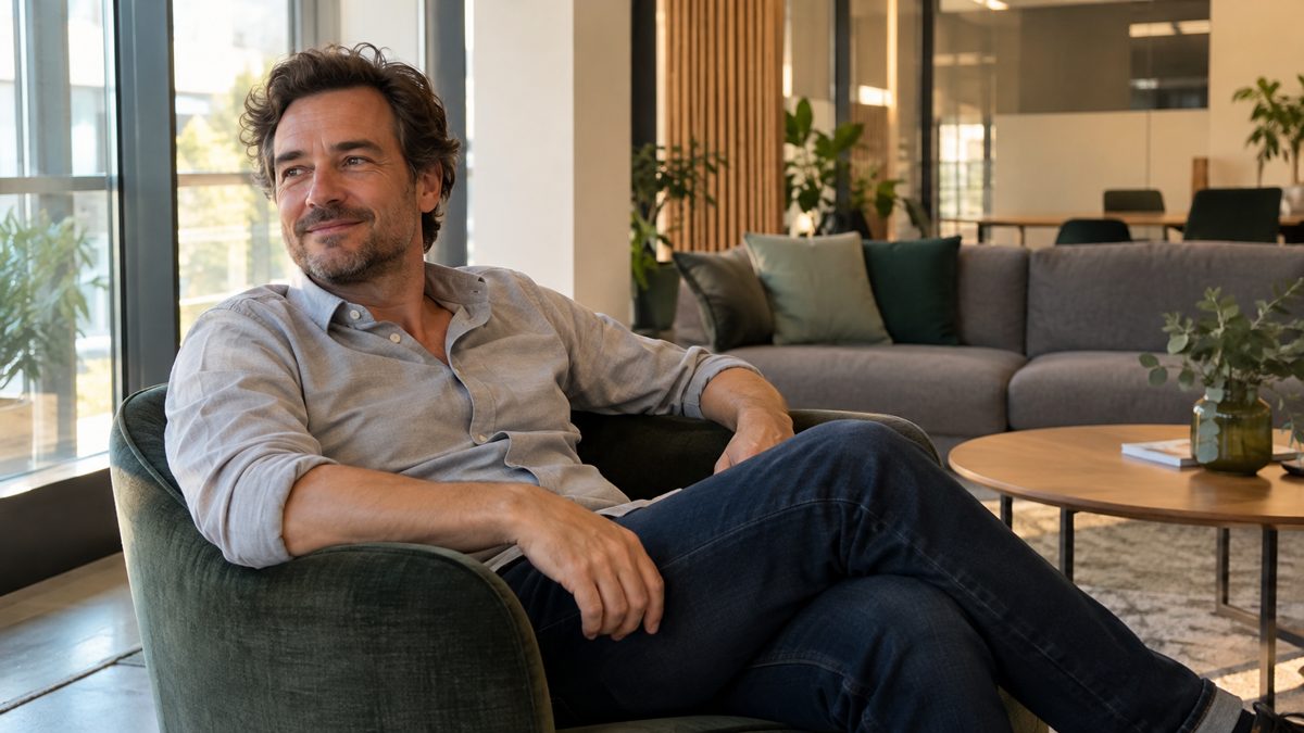 Homme en pause assis dans un fauteuil de salle de repos avec canapé en arrière-plan.