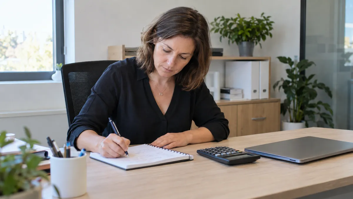 Une gérante de petite entreprise reporte des chiffres dans un carnet à côté d'un ordinateur portable fermé et d'une calculatrice, à un bureau moderne et lumineux, visage 