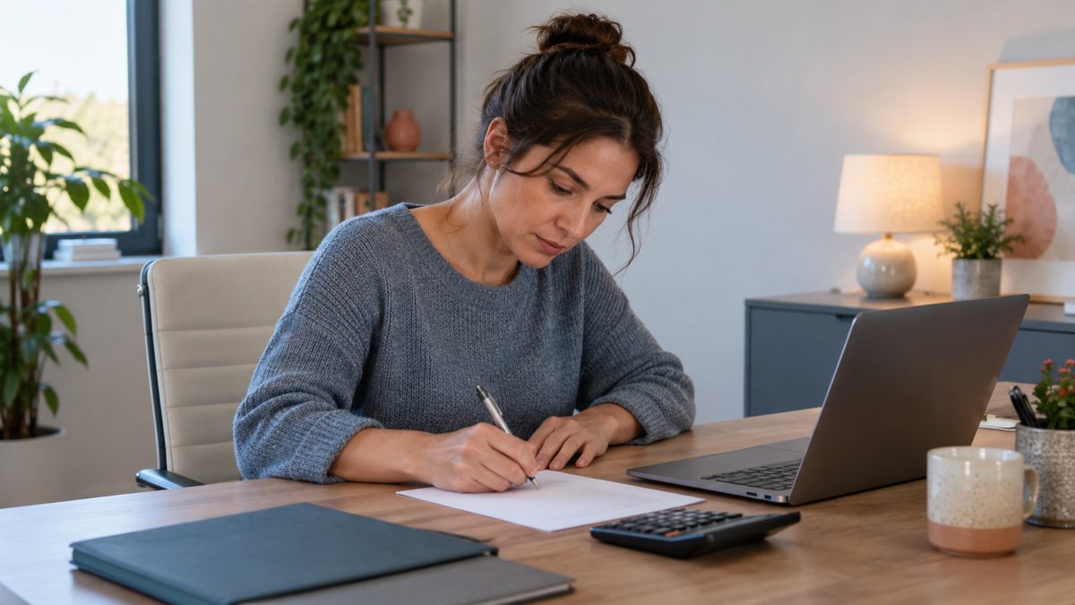 Poste de travail épuré d'une micro-entreprise avec facture, calculatrice et dossiers.