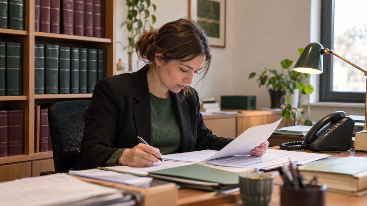 Personne travaillant à son bureau avec téléphone et lampe, codes fiscaux en arrière-plan.