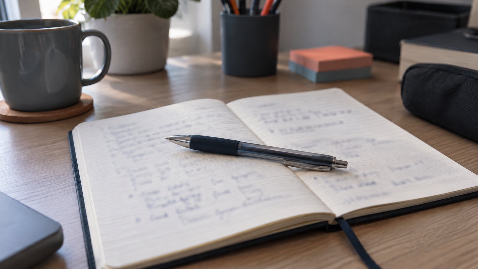 Carnet de travail ouvert avec notes manuscrites floues et stylo bille en travers des pages.