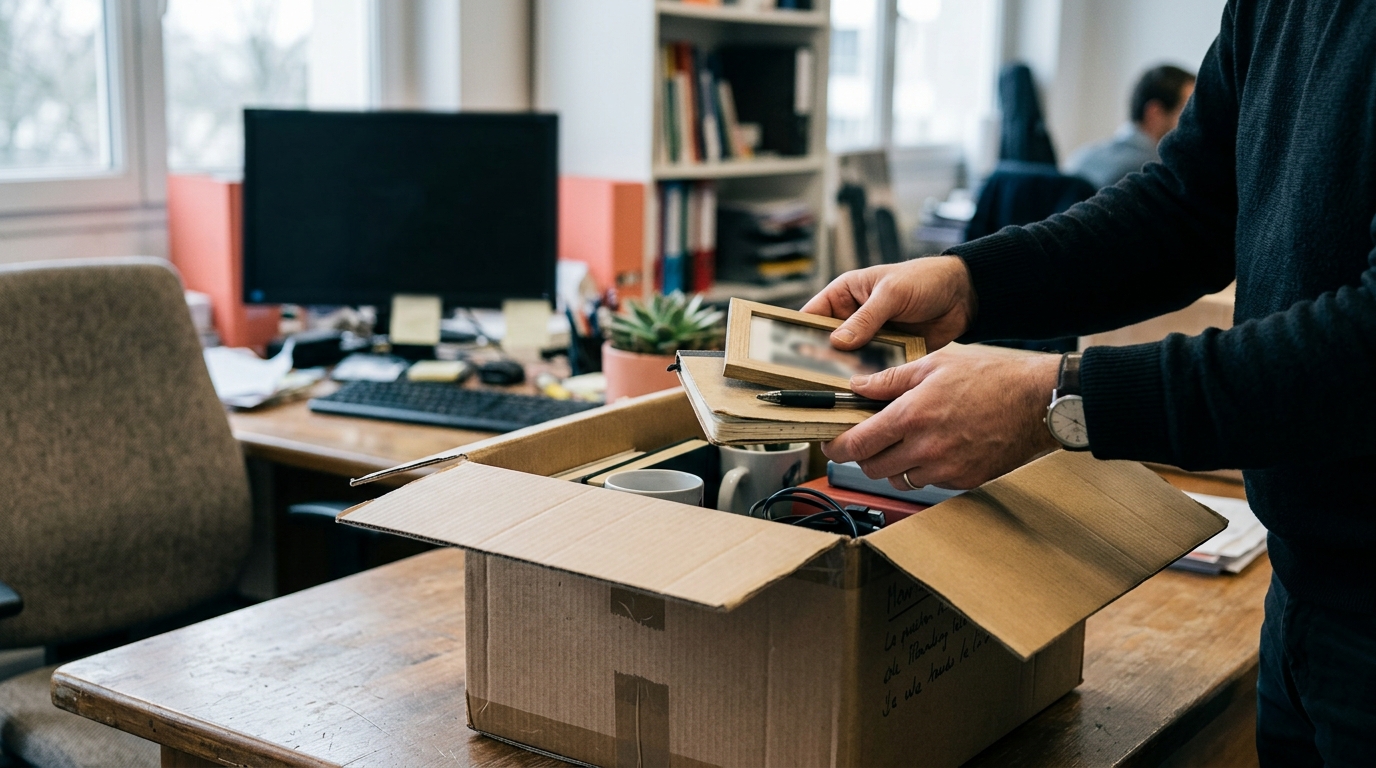 Mains rangeant des affaires personnelles dans une boîte carton sur un bureau.