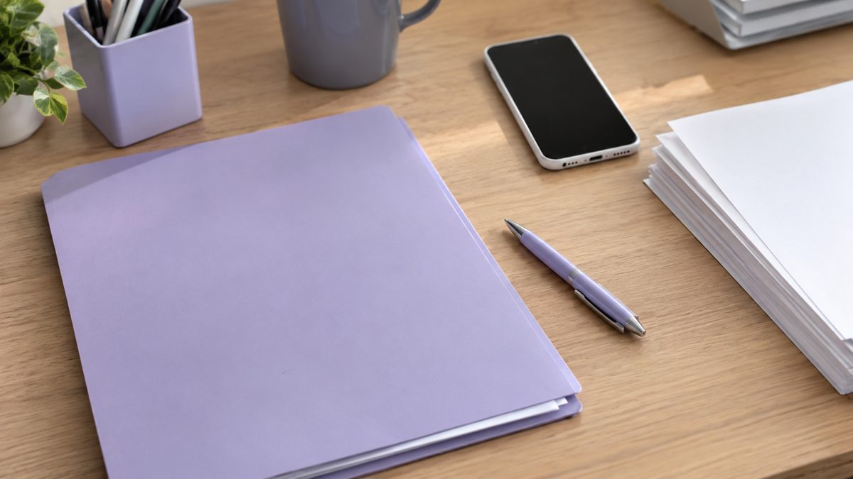 Gros plan de table administrative avec dossier, stylo, téléphone blanc et papiers en lumière naturelle.