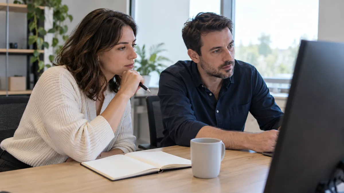 Un contrôleur de gestion et une collègue relisent ensemble un commentaire de reporting sur un écran d'ordinateur vu de biais dans un bureau moderne, bloc-notes et tasse s