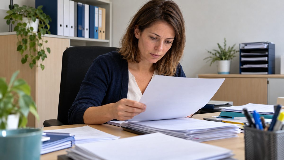 Personne examinant des documents à un bureau, lumière naturelle douce