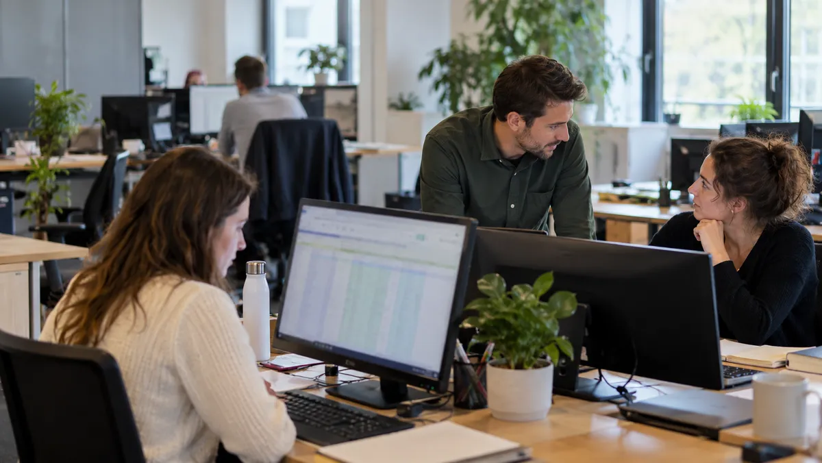 Deux collègues dans un open space moderne : l'un travaille sur un tableur à l'ordinateur (compétence technique), l'autre anime un échange d'équipe à côté (compétence rela