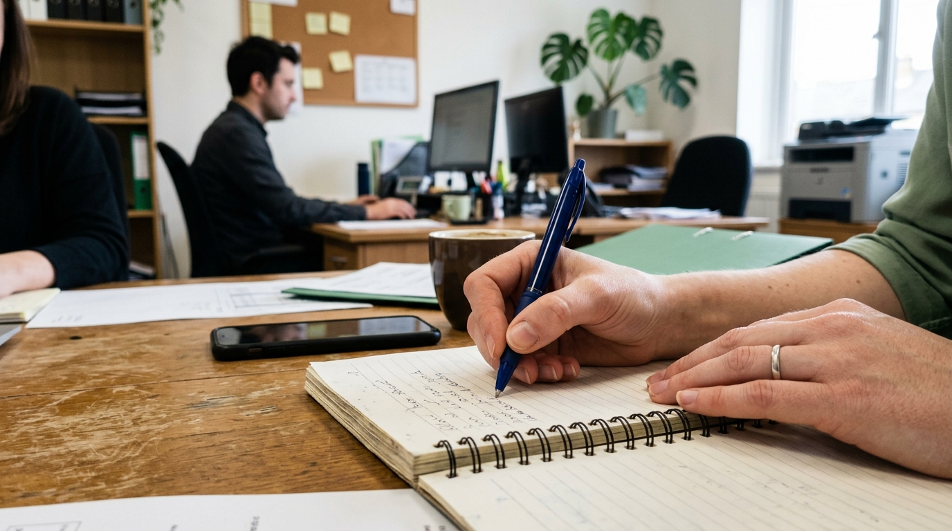 Mains écrivant rapidement sur un carnet, avec un collègue partiellement visible en arrière-plan.