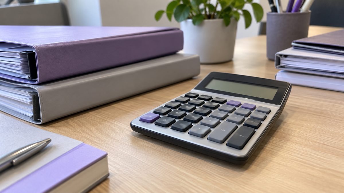 Calculatrice posée sur bureau clair entourée de dossiers fermés empilés
