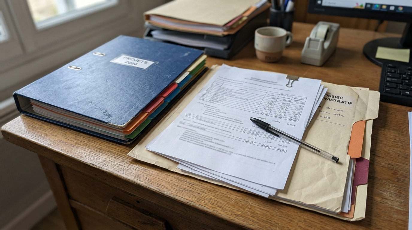 Dossier administratif ouvert avec feuilles de données et classeur fermé sur un bureau