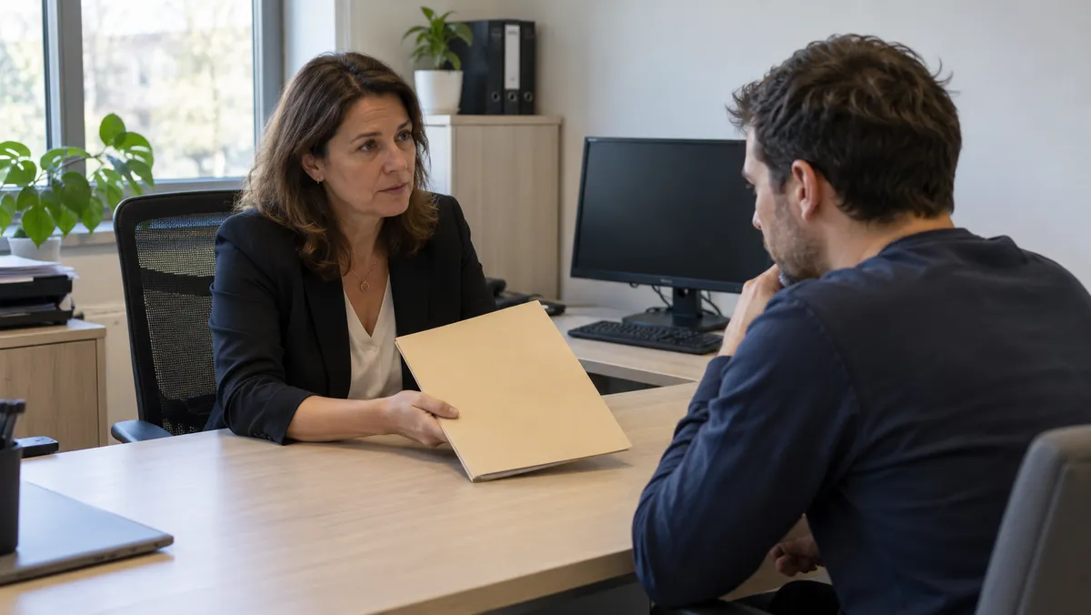 Entretien dans le bureau d'une responsable RH moderne : elle présente à un salarié un dossier de reclassement fermé, tous deux assis à une table claire, ambiance sérieuse