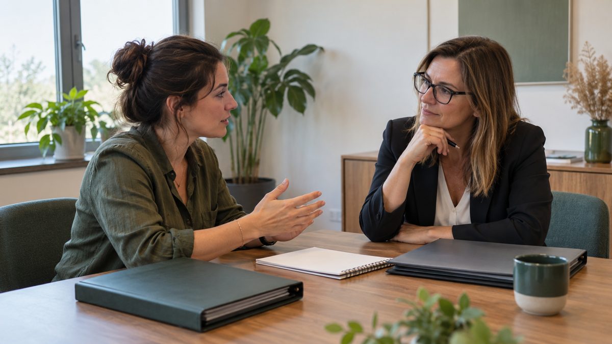 Salle de réunion moderne avec deux femmes discutant autour d'une table avec dossiers.