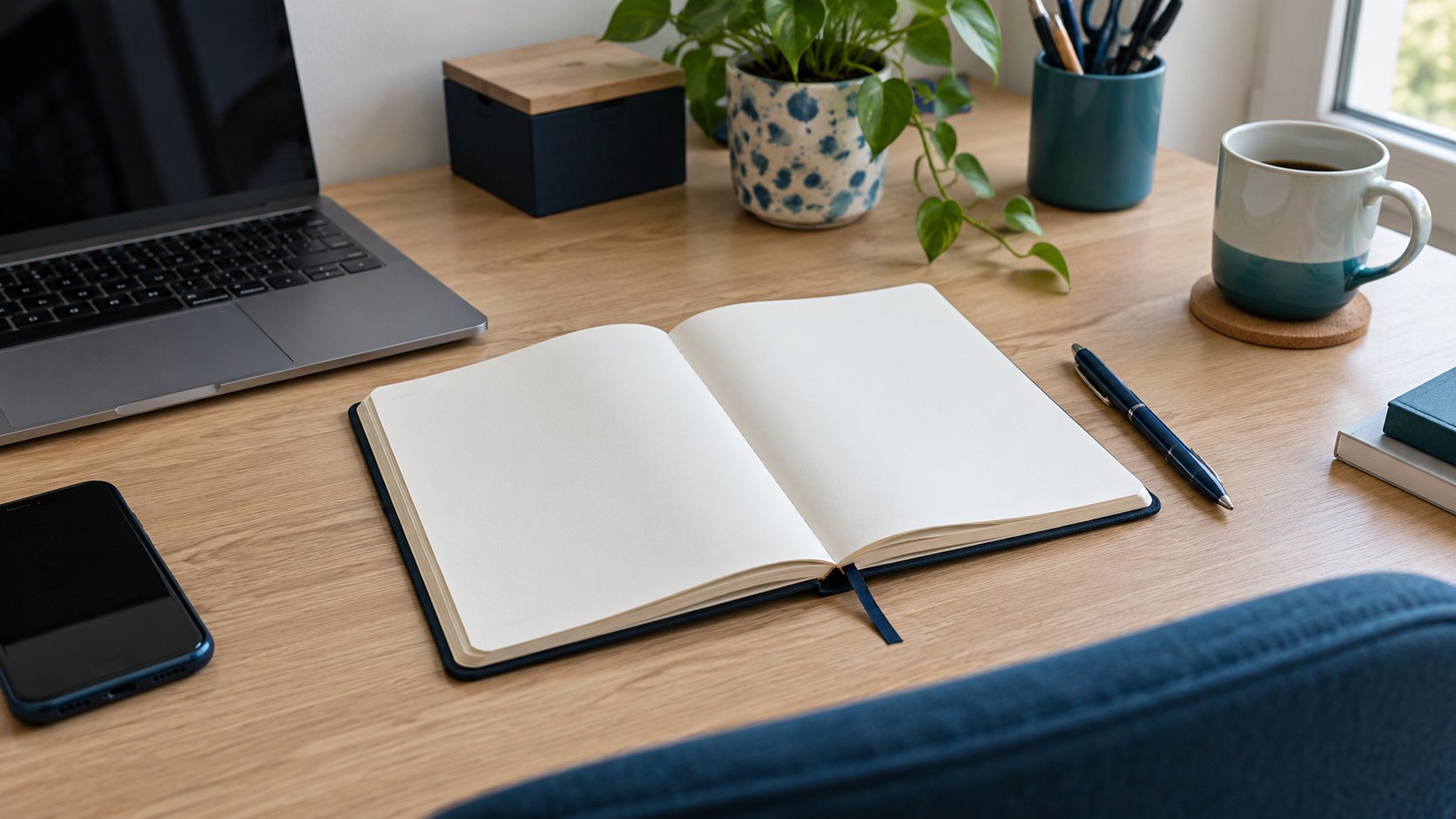 Carnet de notes ouvert sur un bureau simple avec un stylo posé à côté.