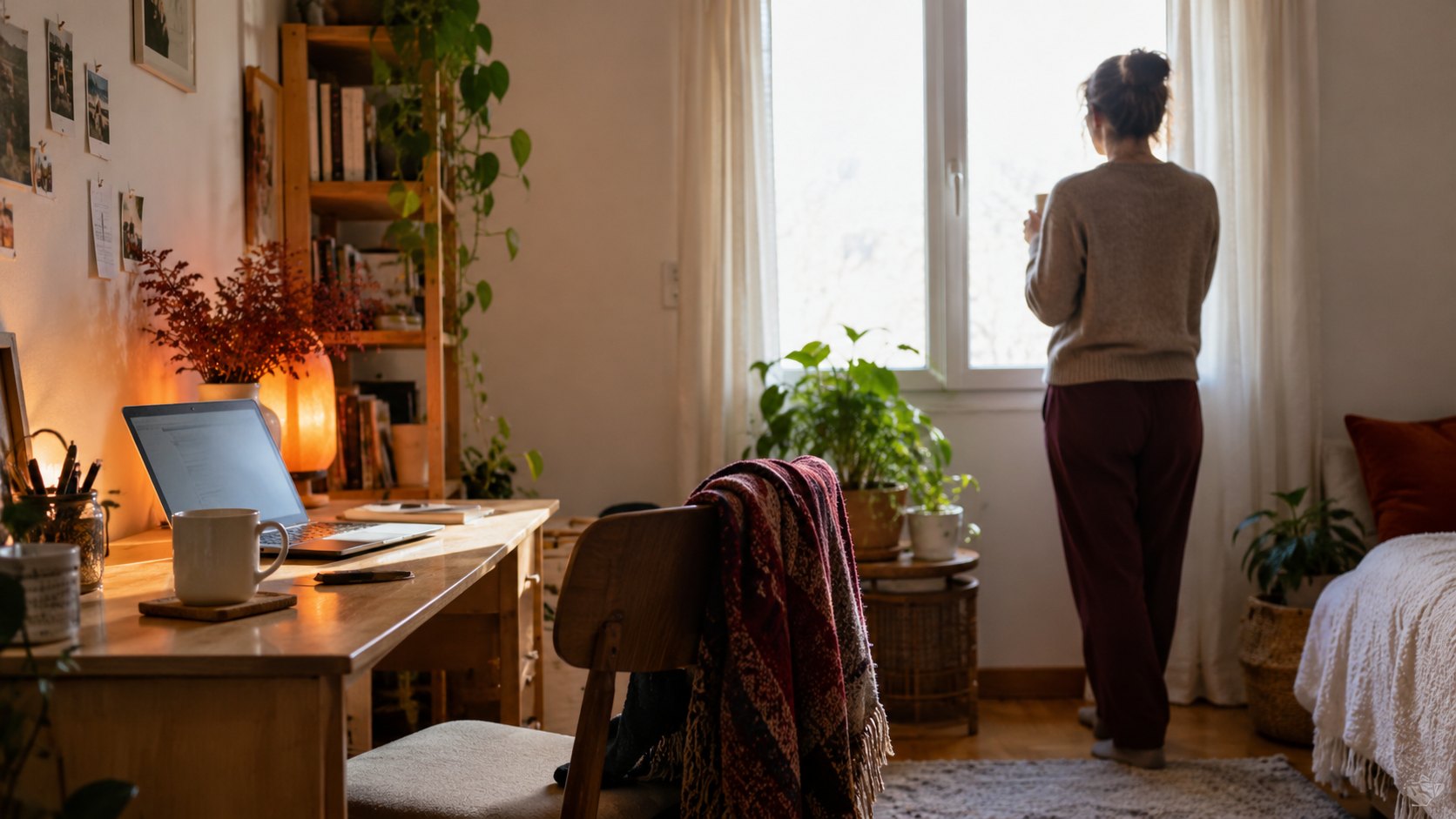 Silhouette de dos à un bureau domestique regardant par la fenêtre, espace de télétravail.