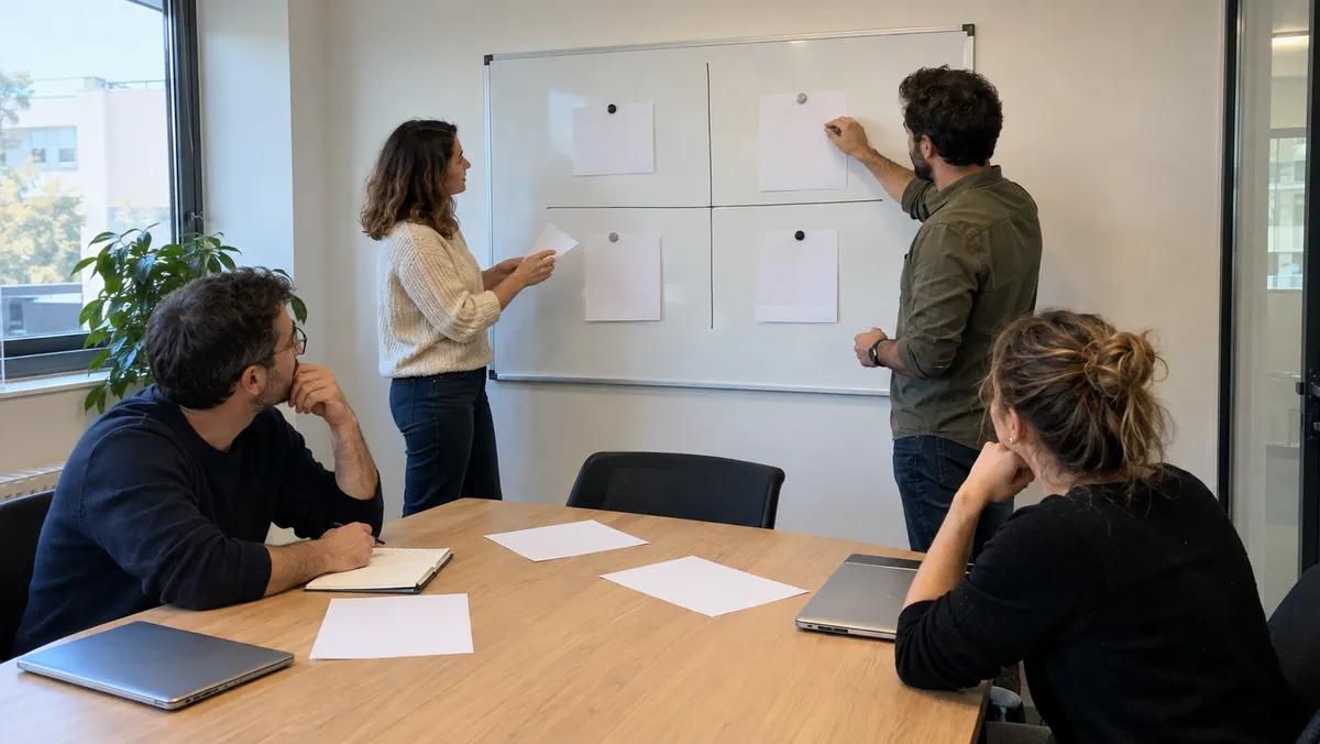 Une équipe de quatre personnes construit une analyse SWOT au tableau blanc d'une salle de réunion moderne, deux debout et deux assises, notes vierges, visages concentrés